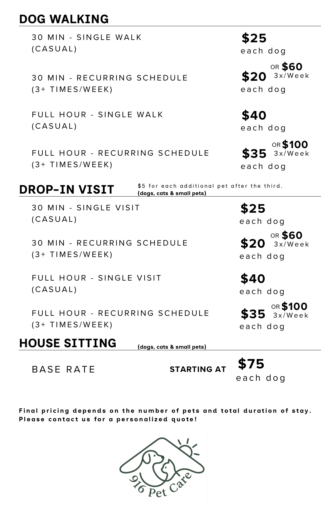 916 Pet Care Pricing List 2026